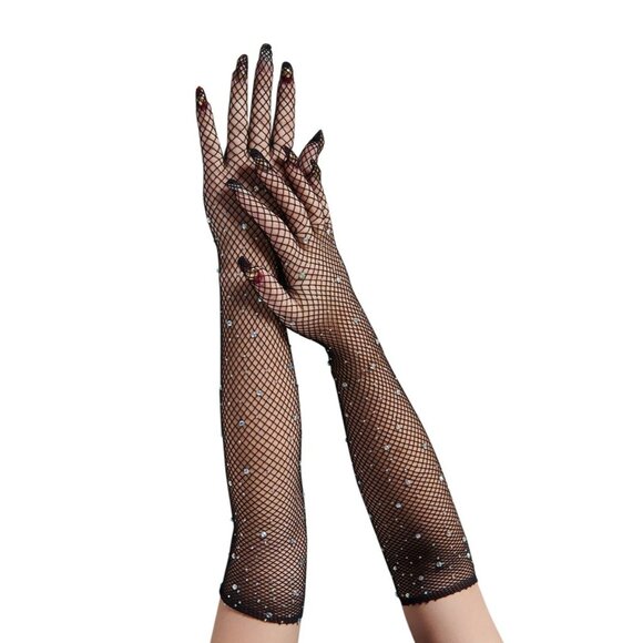 BLACK Mesh Rhinestone Elbow Opera Length Showgirl Gloves NEW NIP - Picture 2 of 3